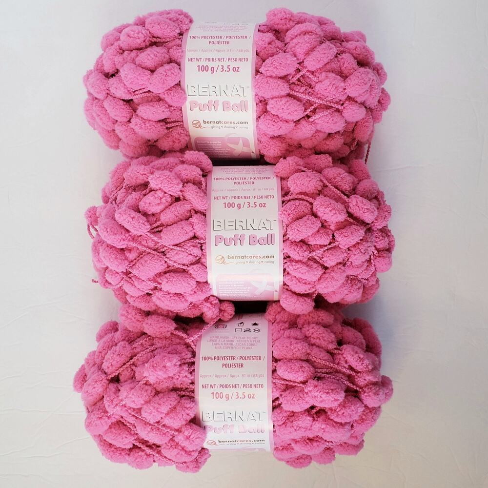 Lot of 3 Bernat Puff Ball Yarn Pink‎ Rose Chenille Skeins 07732 Super Bulky